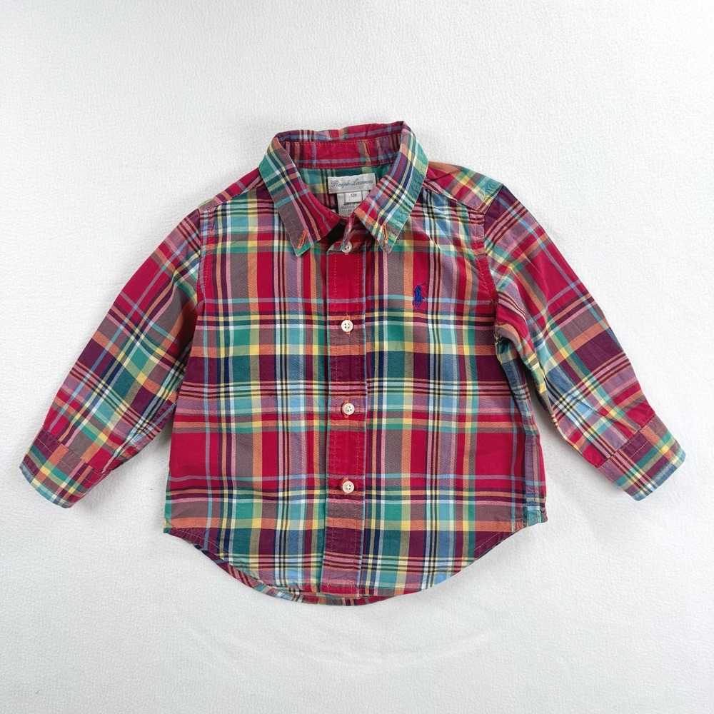 Ralph Lauren Toddler 12M Plaid Button Down Shirt Red Multi Long Sleeve Pony Logo
